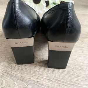 VINTAGE CHANEL Block Heel Shoes Black Silver Size 38